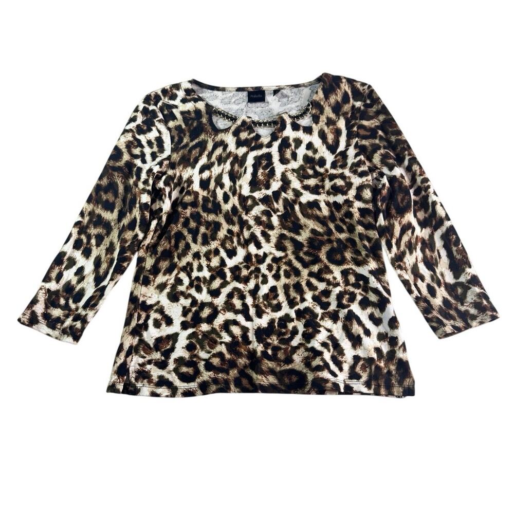 Rafaella Leopard Print Top Womens M 100% Cotton Gold Chain Neck 3/4 Sleeve
